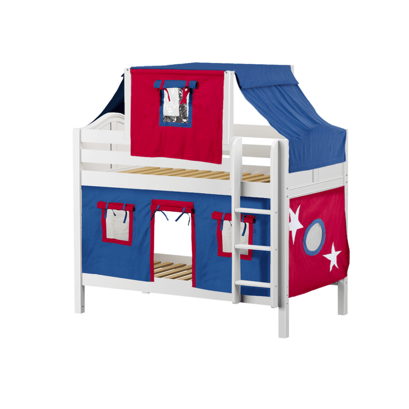 Maxtrix Twin Low Bunk Bed with Straight Ladder, Top Tent + Curtain