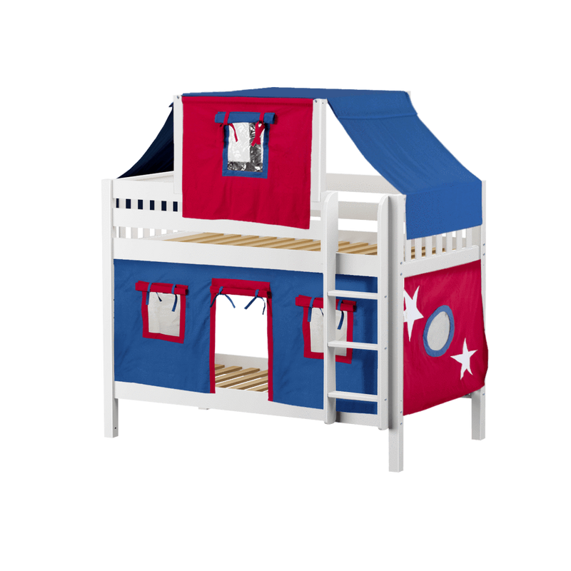 Maxtrix Twin Low Bunk Bed with Straight Ladder, Top Tent + Curtain