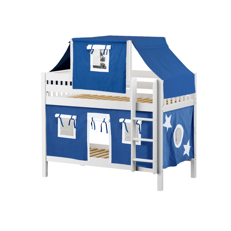 Maxtrix Twin Low Bunk Bed with Straight Ladder, Top Tent + Curtain