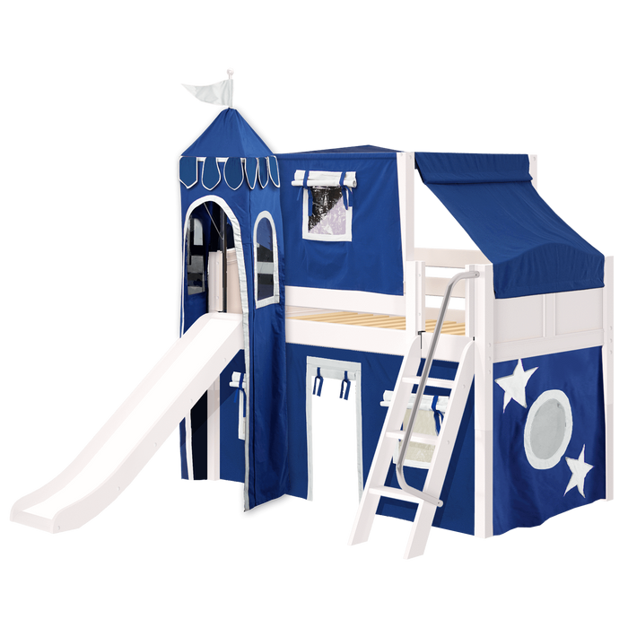 Maxtrix Twin Low Loft Bed with Angled Ladder, Curtain, Top Tent, Tower + Slide