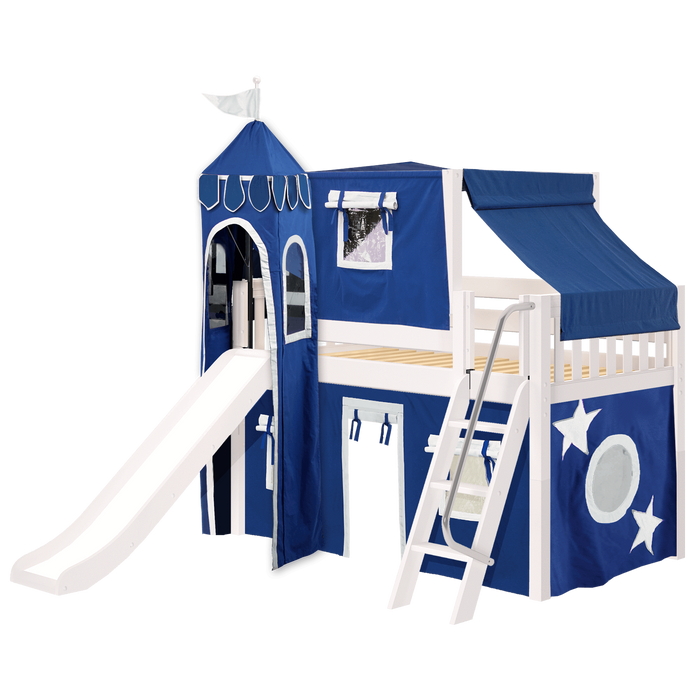 Maxtrix Twin Low Loft Bed with Angled Ladder, Curtain, Top Tent, Tower + Slide