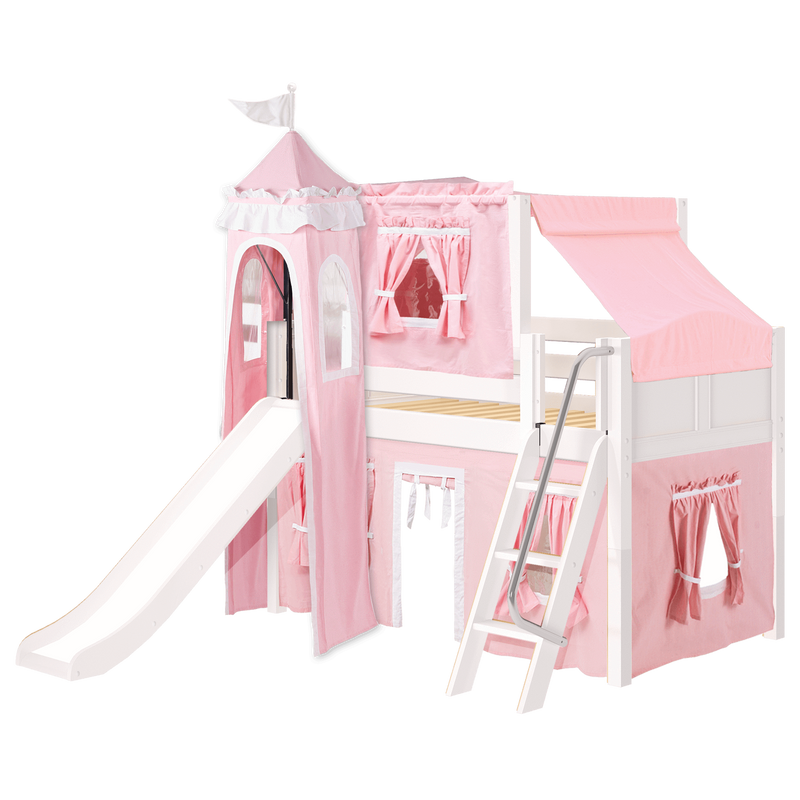 Maxtrix Twin Low Loft Bed with Angled Ladder, Curtain, Top Tent, Tower + Slide