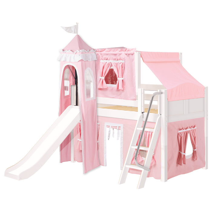 Maxtrix Twin Low Loft Bed with Angled Ladder, Curtain, Top Tent, Tower + Slide