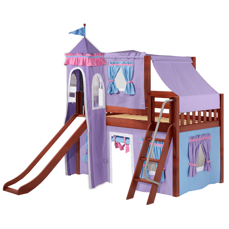 Maxtrix Twin Low Loft Bed with Angled Ladder, Curtain, Top Tent, Tower + Slide