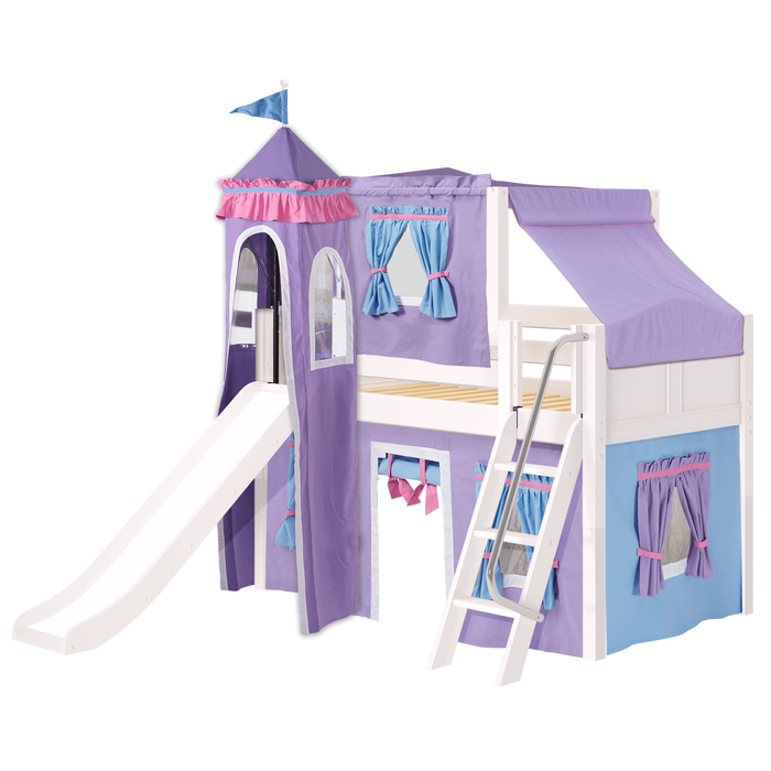 Maxtrix Twin Low Loft Bed with Angled Ladder, Curtain, Top Tent, Tower + Slide