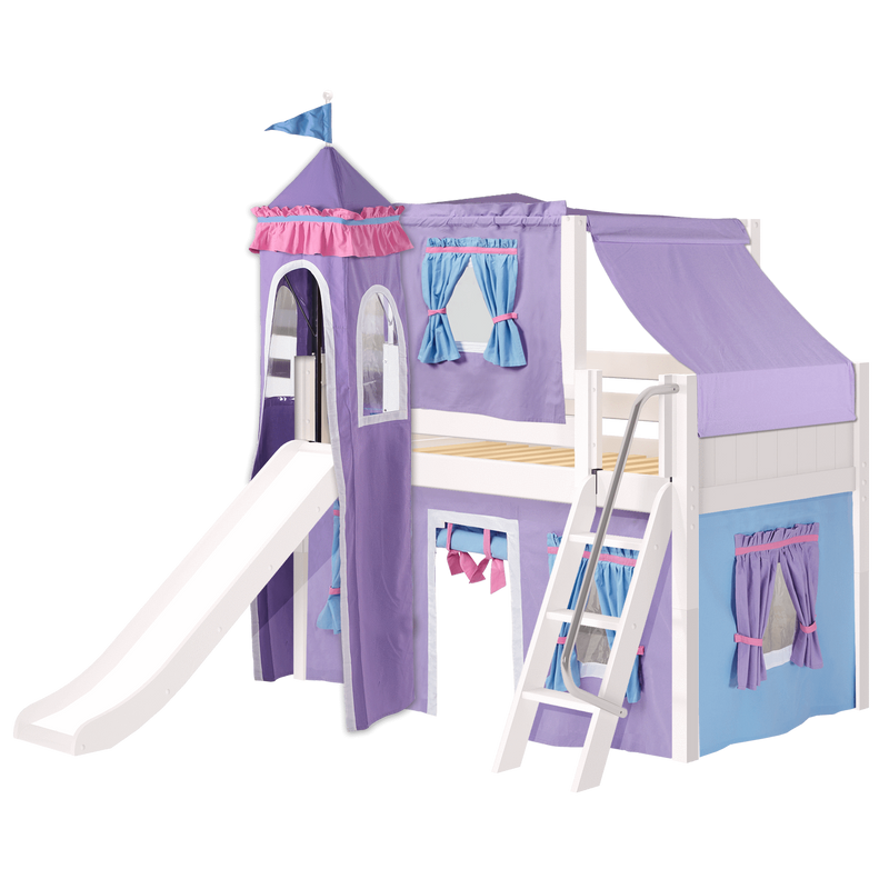 Maxtrix Twin Low Loft Bed with Angled Ladder, Curtain, Top Tent, Tower + Slide