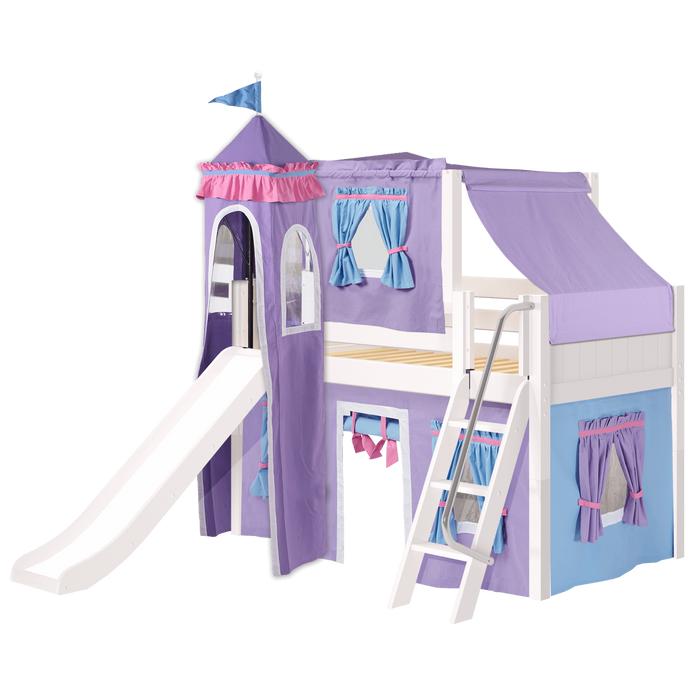 Maxtrix Twin Low Loft Bed with Angled Ladder, Curtain, Top Tent, Tower + Slide