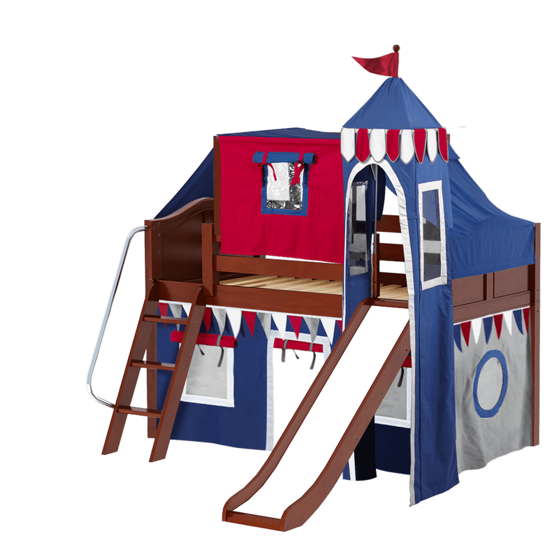 Maxtrix Twin Low Loft Bed with Angled Ladder, Curtain, Top Tent, Tower + Slide