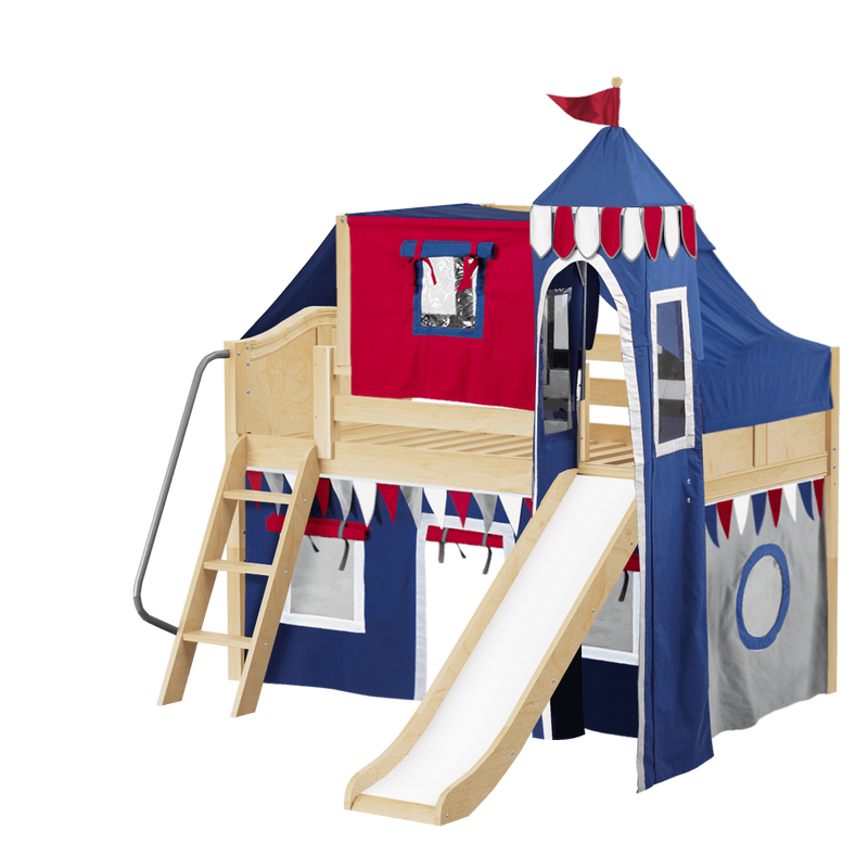 Maxtrix Twin Low Loft Bed with Angled Ladder, Curtain, Top Tent, Tower + Slide