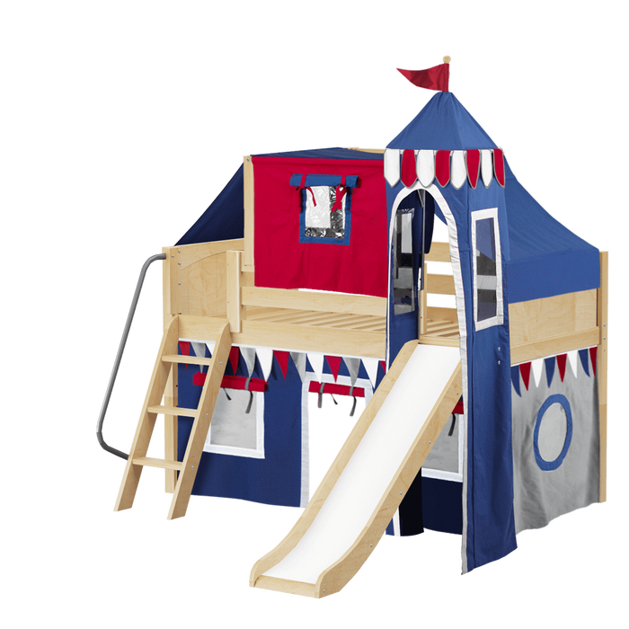 Maxtrix Twin Low Loft Bed with Angled Ladder, Curtain, Top Tent, Tower + Slide