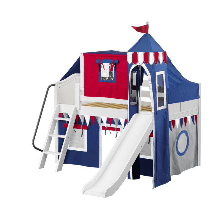 Maxtrix Twin Low Loft Bed with Angled Ladder, Curtain, Top Tent, Tower + Slide