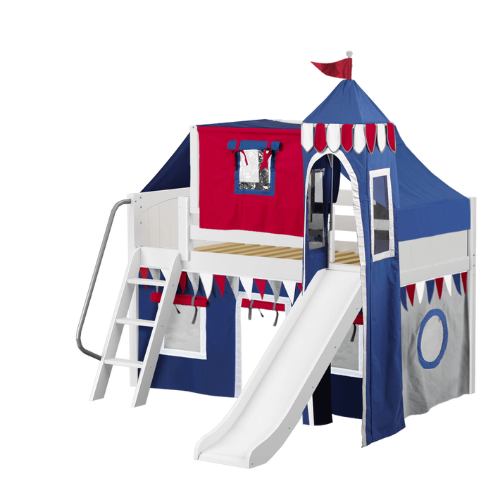 Maxtrix Twin Low Loft Bed with Angled Ladder, Curtain, Top Tent, Tower + Slide