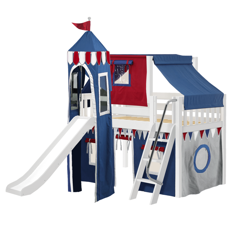 Maxtrix Twin Low Loft Bed with Angled Ladder, Curtain, Top Tent, Tower + Slide