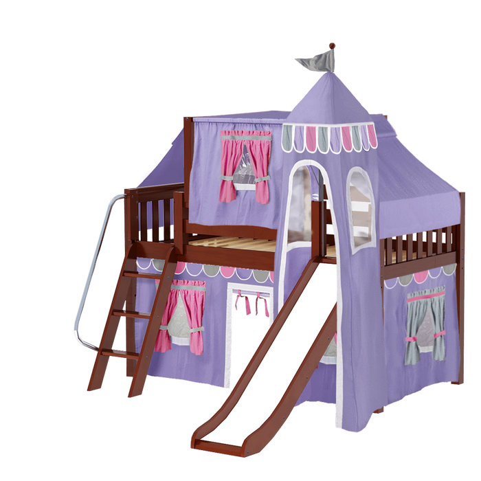 Maxtrix Twin Low Loft Bed with Angled Ladder, Curtain, Top Tent, Tower + Slide