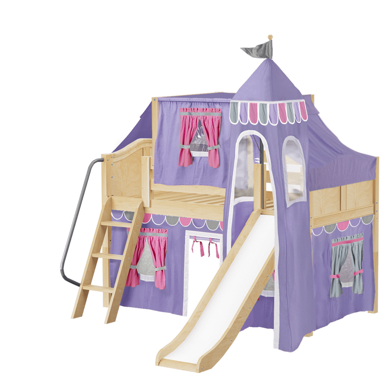 Maxtrix Twin Low Loft Bed with Angled Ladder, Curtain, Top Tent, Tower + Slide