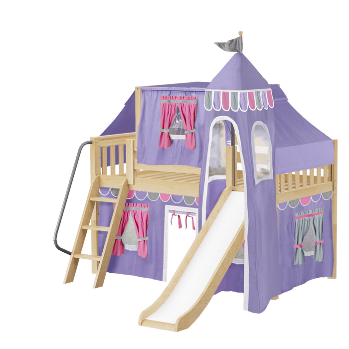 Maxtrix Twin Low Loft Bed with Angled Ladder, Curtain, Top Tent, Tower + Slide