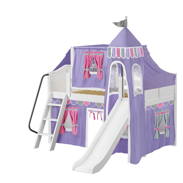 Maxtrix Twin Low Loft Bed with Angled Ladder, Curtain, Top Tent, Tower + Slide