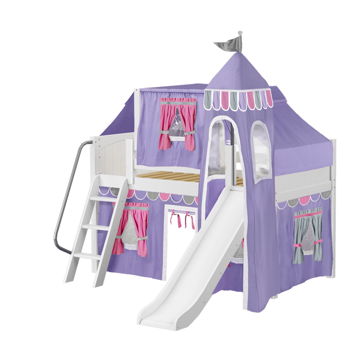 Maxtrix Twin Low Loft Bed with Angled Ladder, Curtain, Top Tent, Tower + Slide