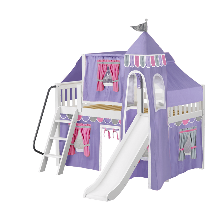 Maxtrix Twin Low Loft Bed with Angled Ladder, Curtain, Top Tent, Tower + Slide