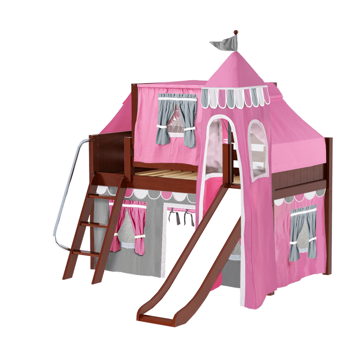 Maxtrix Twin Low Loft Bed with Angled Ladder, Curtain, Top Tent, Tower + Slide