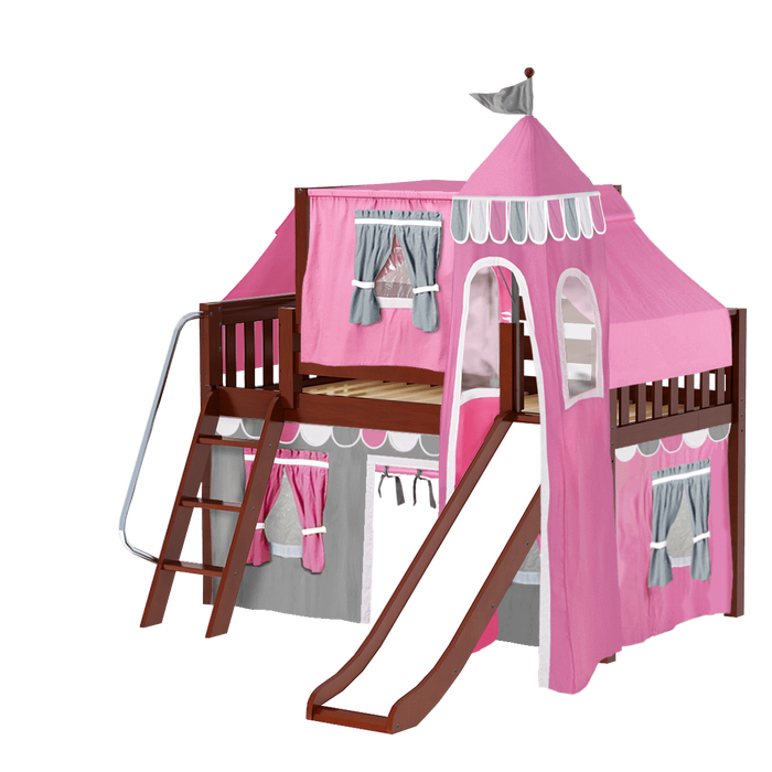 Maxtrix Twin Low Loft Bed with Angled Ladder, Curtain, Top Tent, Tower + Slide