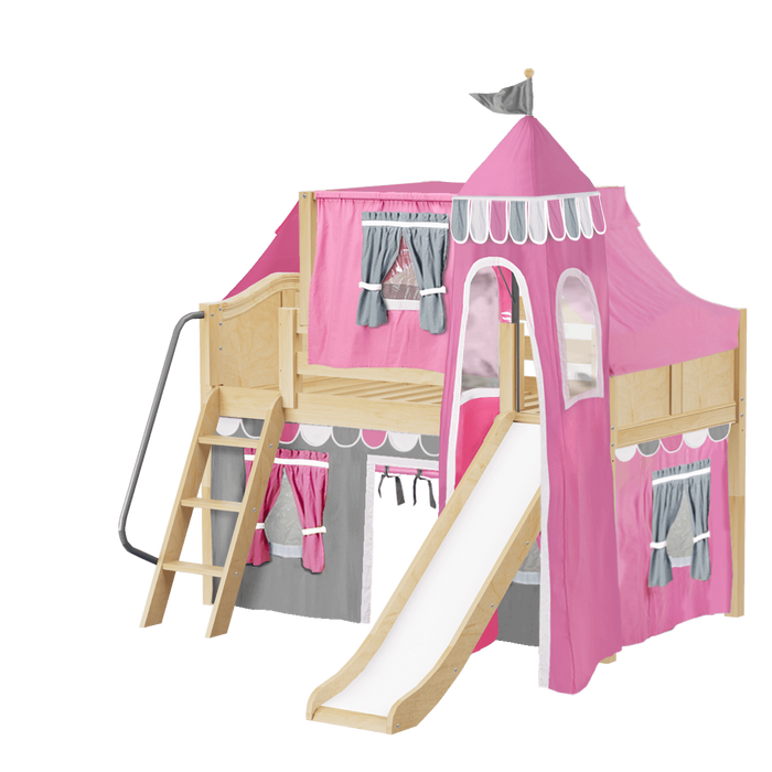 Maxtrix Twin Low Loft Bed with Angled Ladder, Curtain, Top Tent, Tower + Slide