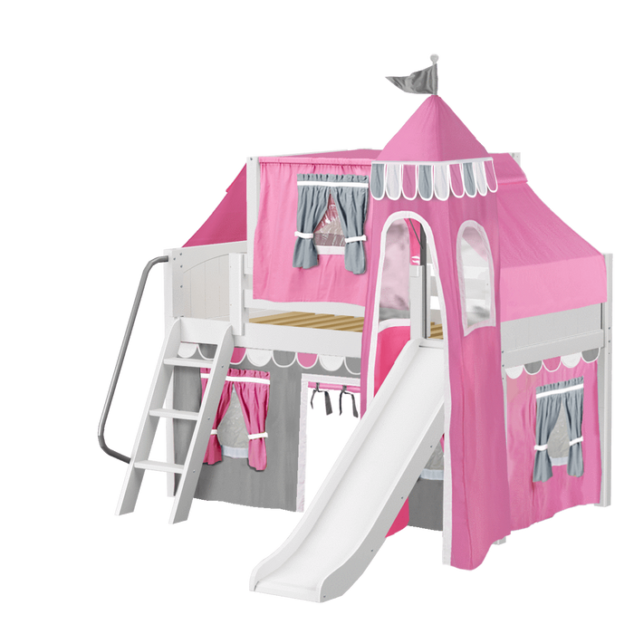 Maxtrix Twin Low Loft Bed with Angled Ladder, Curtain, Top Tent, Tower + Slide