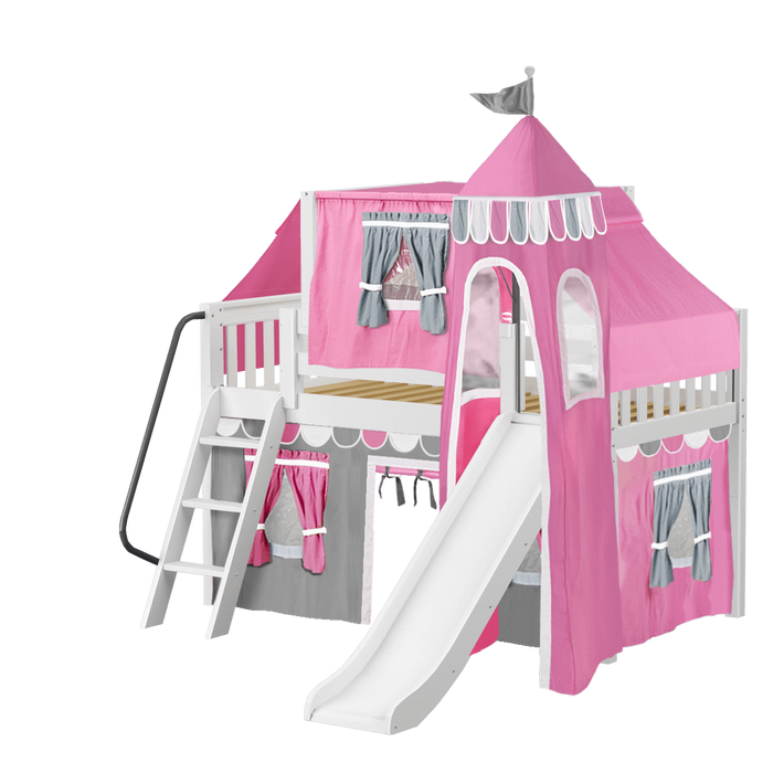 Maxtrix Twin Low Loft Bed with Angled Ladder, Curtain, Top Tent, Tower + Slide