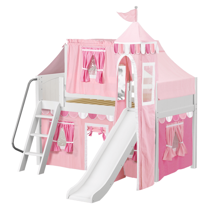 Maxtrix Twin Low Loft Bed with Angled Ladder, Curtain, Top Tent, Tower + Slide