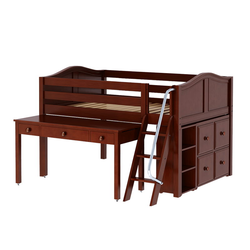 Maxtrix Full Low Loft Bed with Angled Ladder, Storage + Long Desk