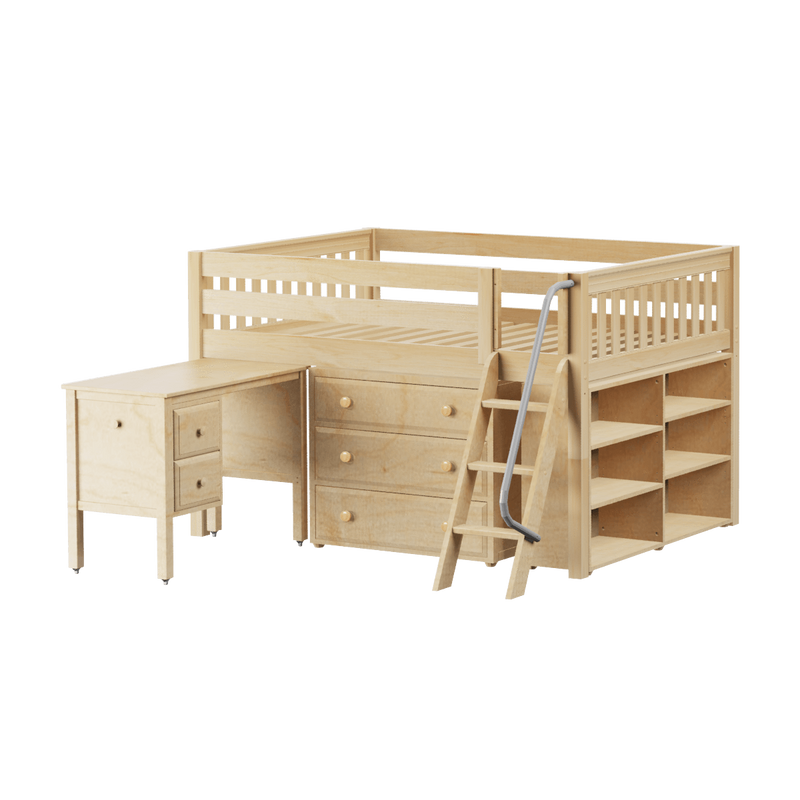 Maxtrix Full Low Loft Bed with Angled Ladder, Storage + Desk