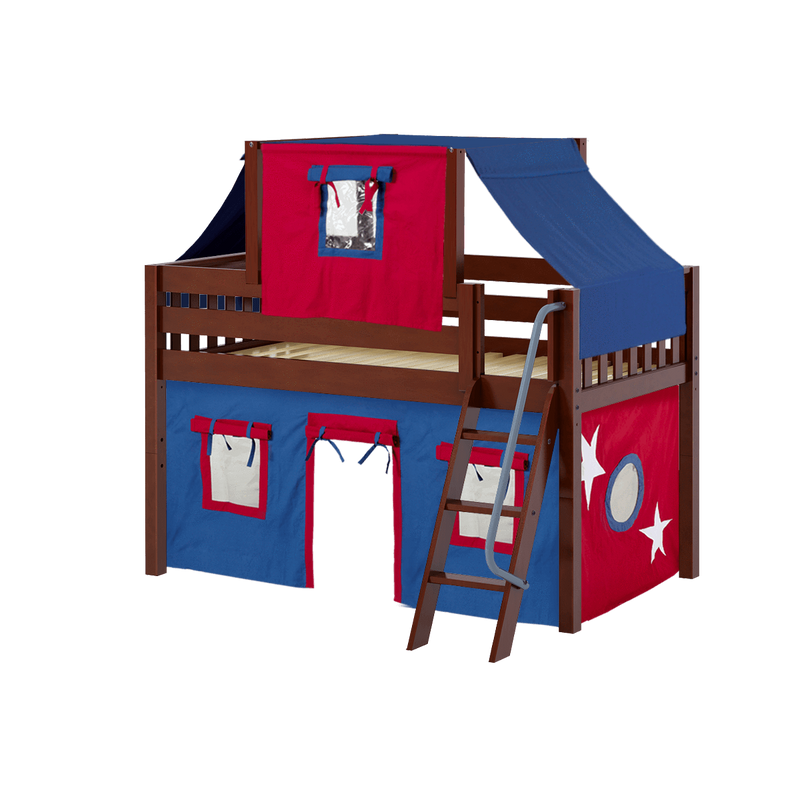 Maxtrix Twin Low Loft Bed with Angled Ladder, Curtain + Top Tent