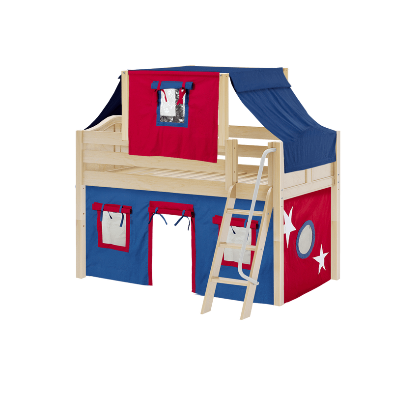 Maxtrix Twin Low Loft Bed with Angled Ladder, Curtain + Top Tent