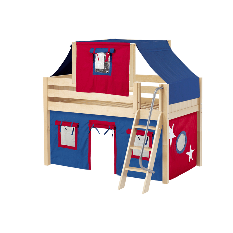 Maxtrix Twin Low Loft Bed with Angled Ladder, Curtain + Top Tent