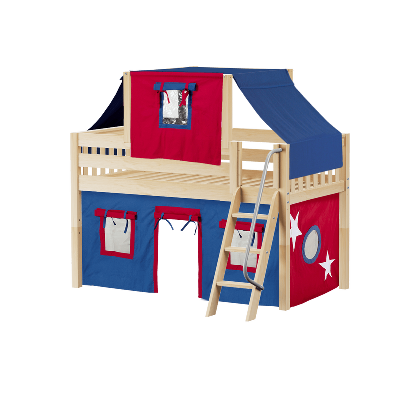 Maxtrix Twin Low Loft Bed with Angled Ladder, Curtain + Top Tent