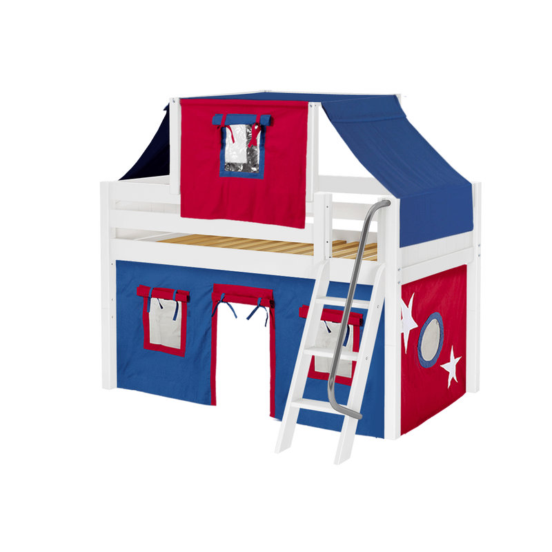 Maxtrix Twin Low Loft Bed with Angled Ladder, Curtain + Top Tent