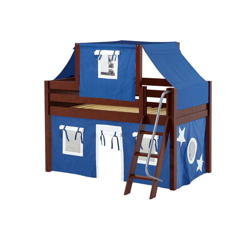 Maxtrix Twin Low Loft Bed with Angled Ladder, Curtain + Top Tent