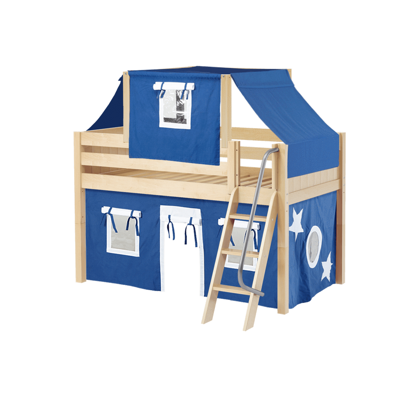 Maxtrix Twin Low Loft Bed with Angled Ladder, Curtain + Top Tent