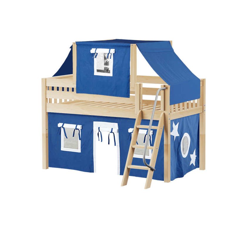 Maxtrix Twin Low Loft Bed with Angled Ladder, Curtain + Top Tent