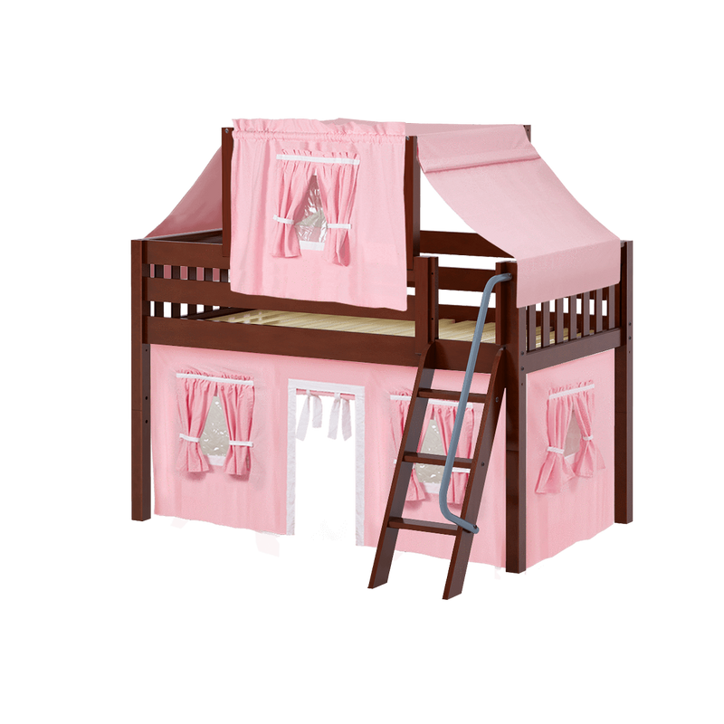 Maxtrix Twin Low Loft Bed with Angled Ladder, Curtain + Top Tent