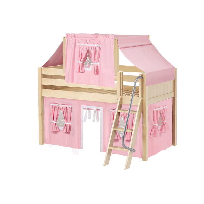 Maxtrix Twin Low Loft Bed with Angled Ladder, Curtain + Top Tent