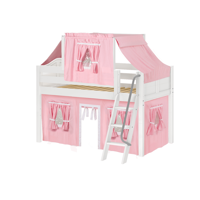 Maxtrix Twin Low Loft Bed with Angled Ladder, Curtain + Top Tent