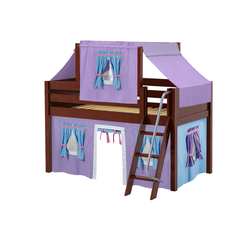 Maxtrix Twin Low Loft Bed with Angled Ladder, Curtain + Top Tent