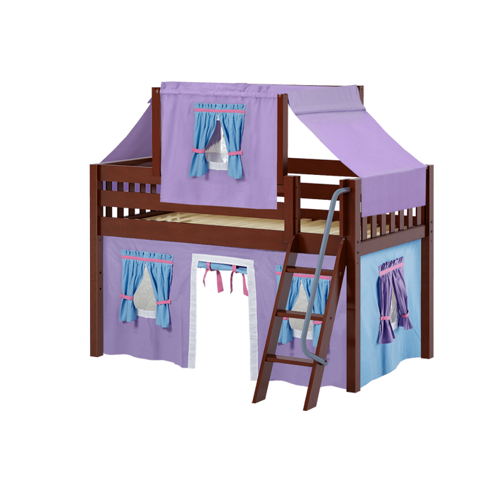 Maxtrix Twin Low Loft Bed with Angled Ladder, Curtain + Top Tent