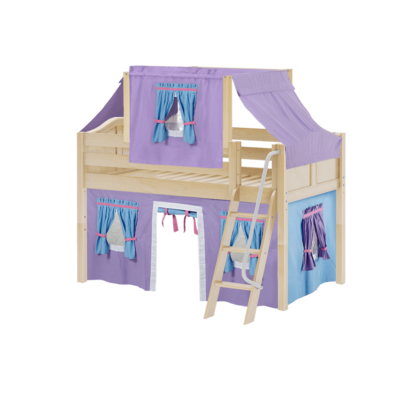 Maxtrix Twin Low Loft Bed with Angled Ladder, Curtain + Top Tent