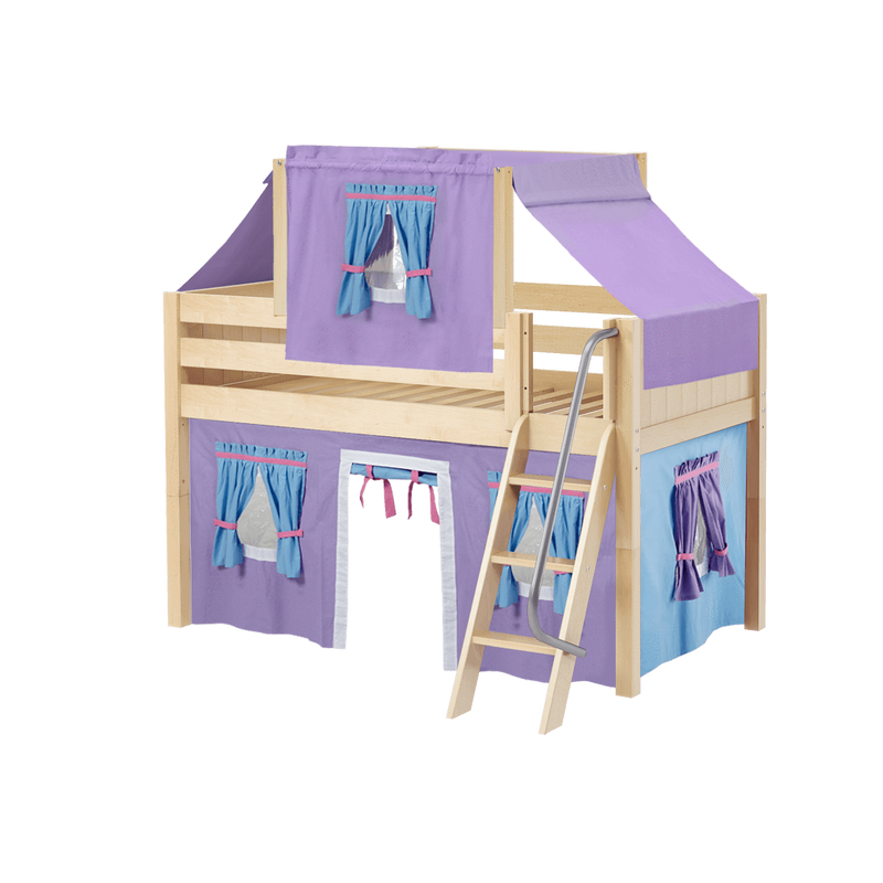 Maxtrix Twin Low Loft Bed with Angled Ladder, Curtain + Top Tent