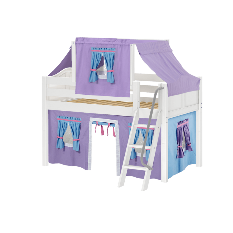 Maxtrix Twin Low Loft Bed with Angled Ladder, Curtain + Top Tent