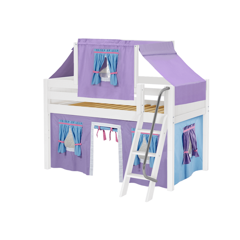 Maxtrix Twin Low Loft Bed with Angled Ladder, Curtain + Top Tent