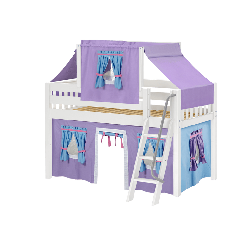 Maxtrix Twin Low Loft Bed with Angled Ladder, Curtain + Top Tent