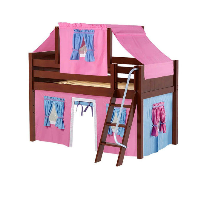 Maxtrix Twin Low Loft Bed with Angled Ladder, Curtain + Top Tent